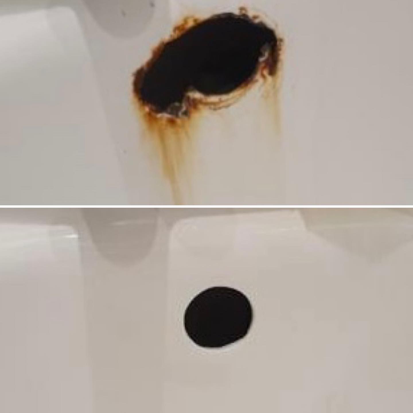 A before and after picture of a rusty hole in a bathtub.