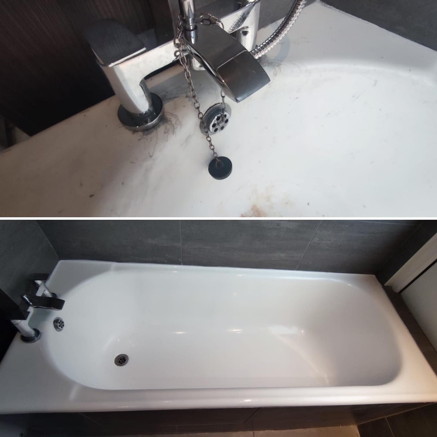 Two pictures of a bathroom sink and bathtub