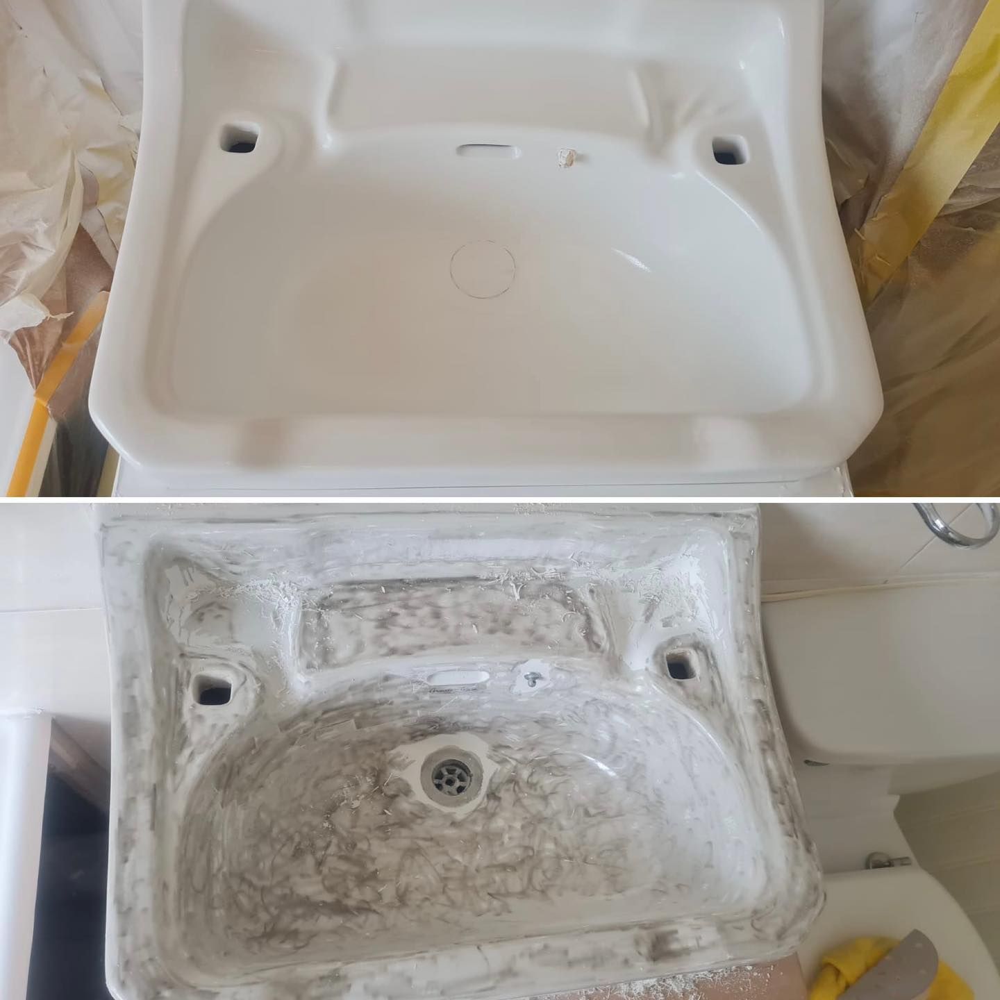 A before and after picture of a bathroom sink.