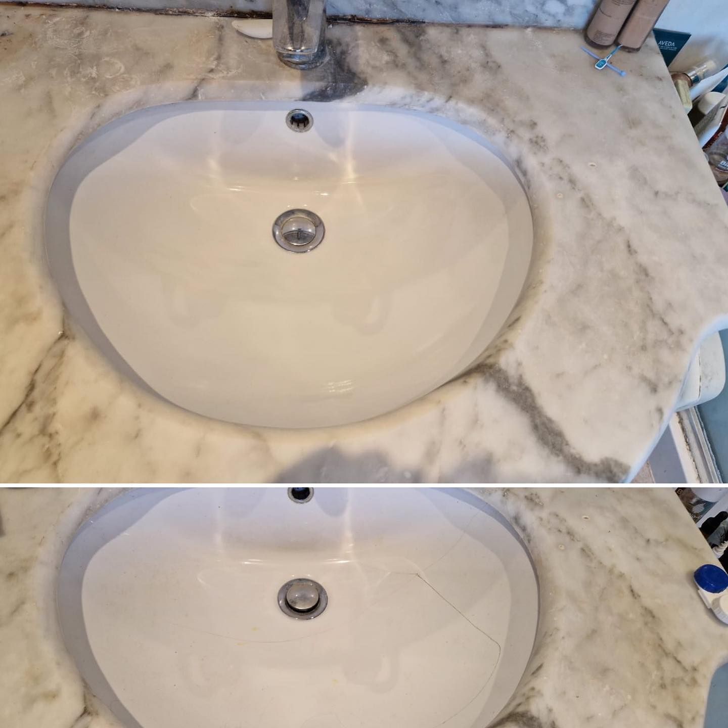 Two sinks are sitting on top of a marble counter.