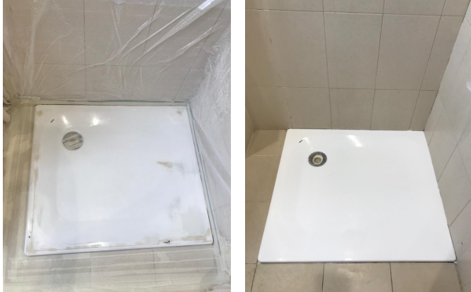 A before and after picture of a shower stall in a bathroom.
