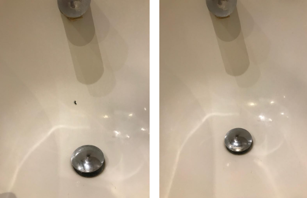 A before and after picture of a bathroom sink with a hole in it.