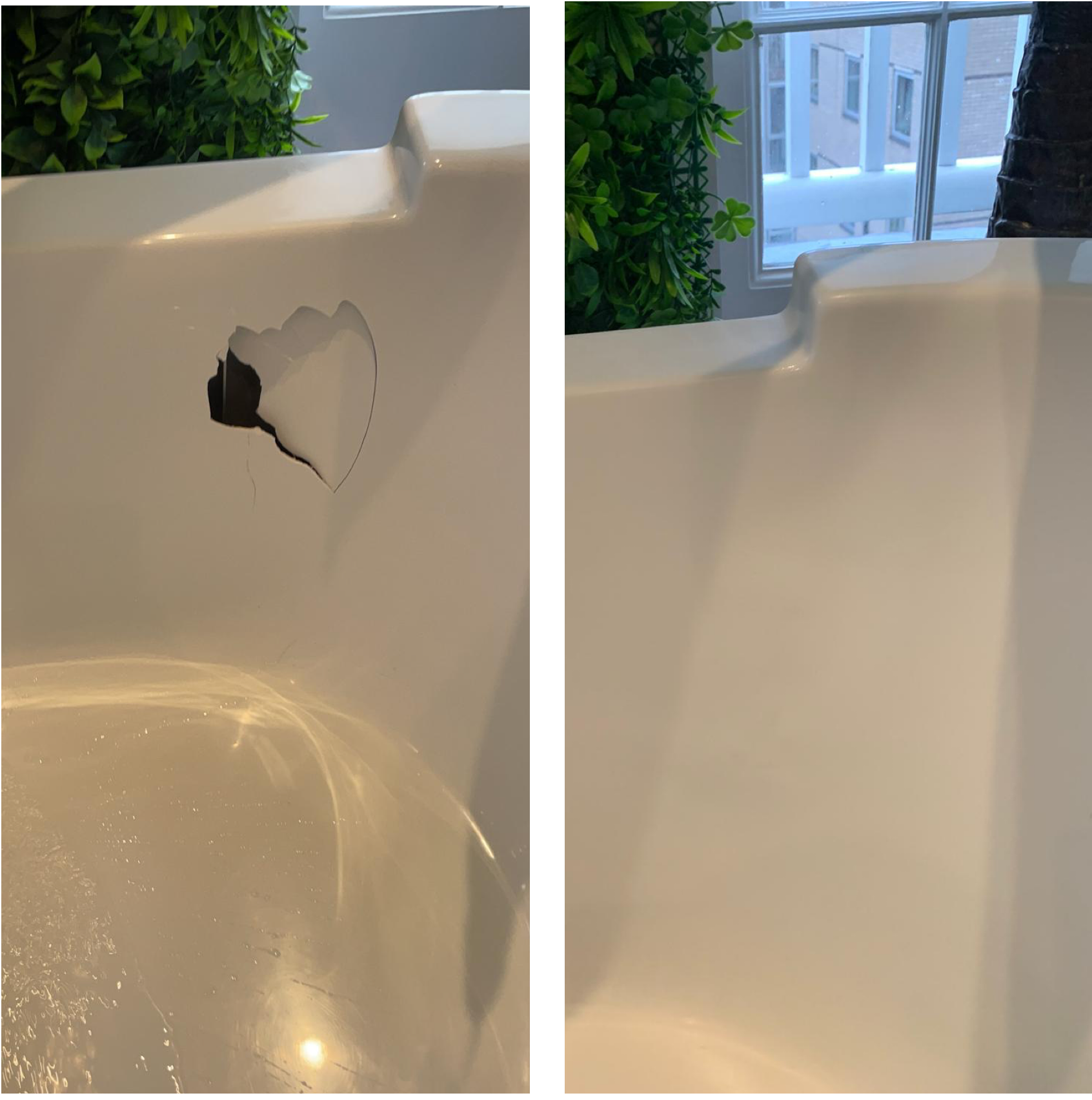 Two pictures of a bathtub with a hole in it