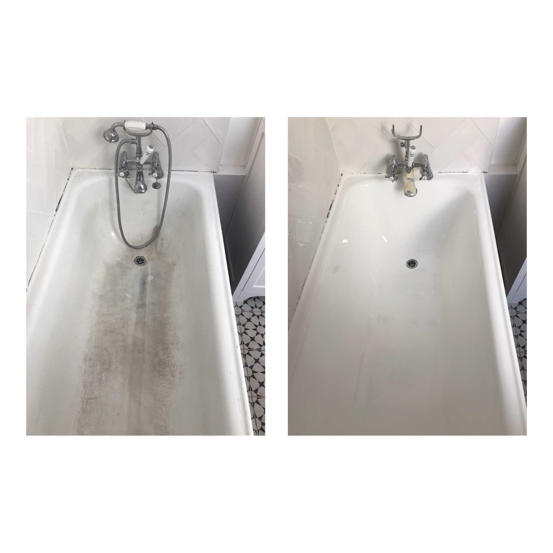 A before and after picture of a bathtub in a bathroom.