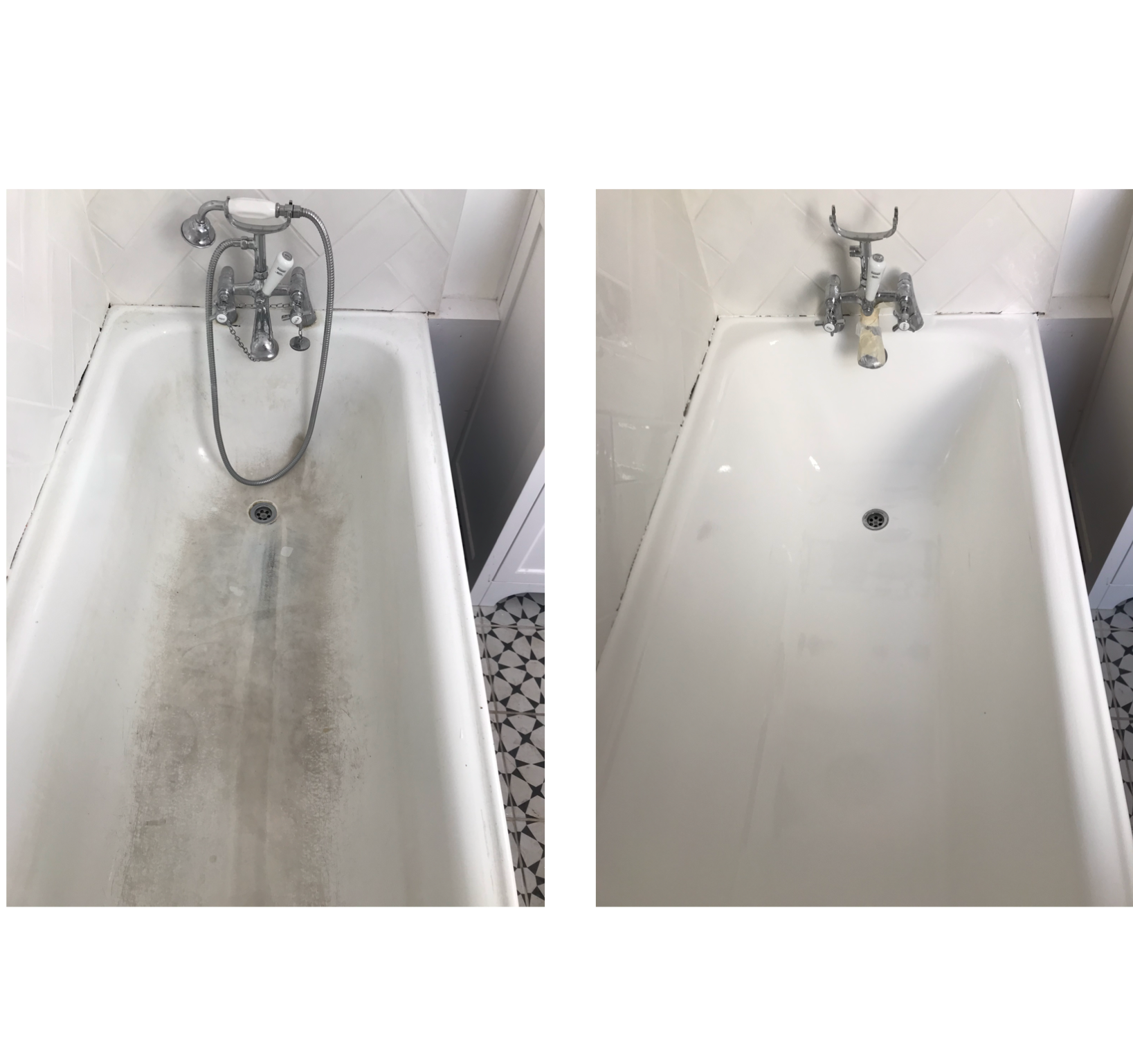 A before and after picture of a bathtub in a bathroom.