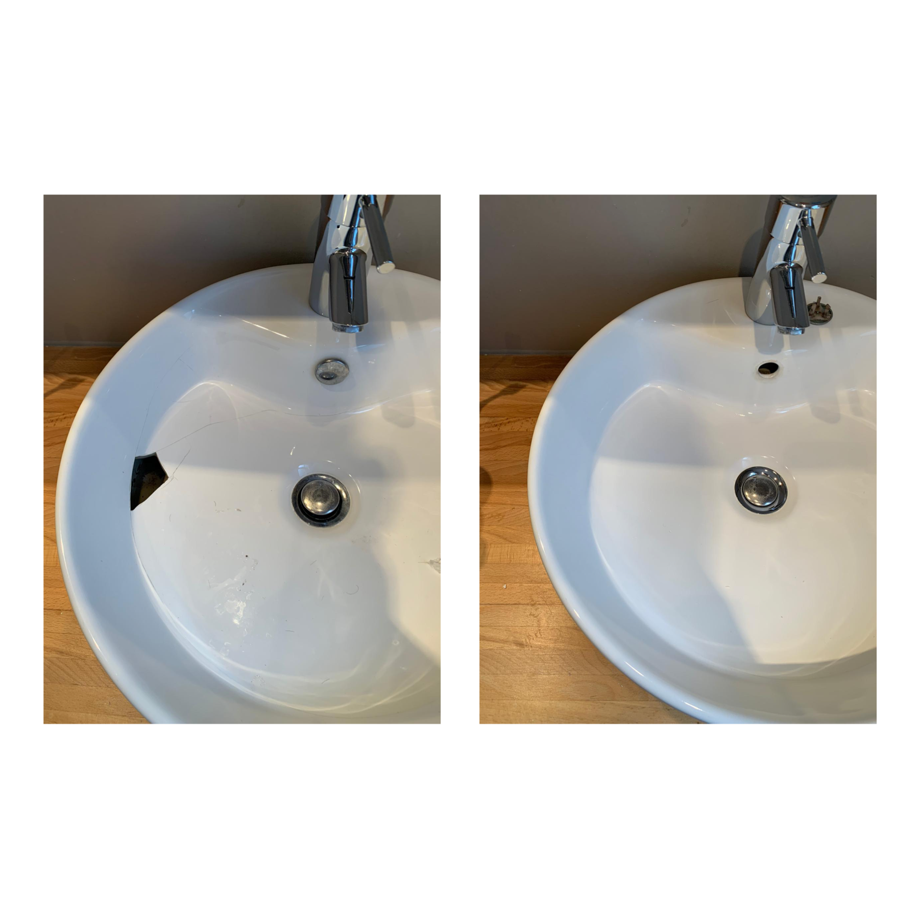 A before and after photo of a bathroom sink with a hole in it.
