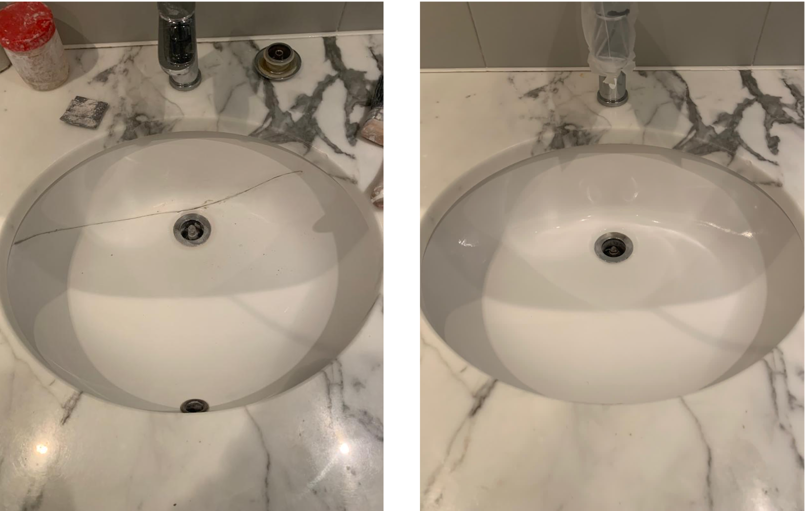 A before and after picture of a bathroom sink.