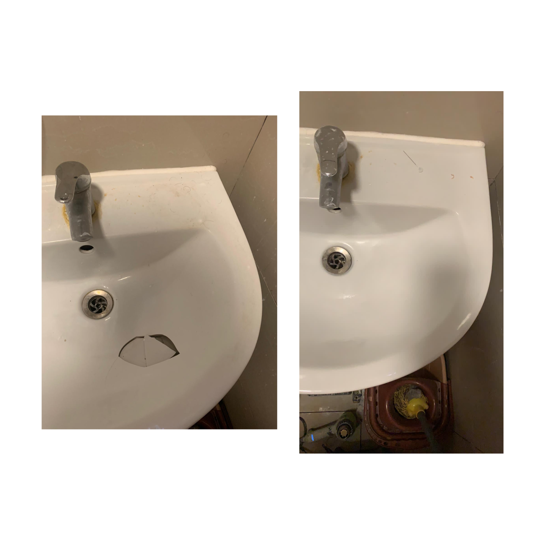 A before and after picture of a bathroom sink with a hole in it.