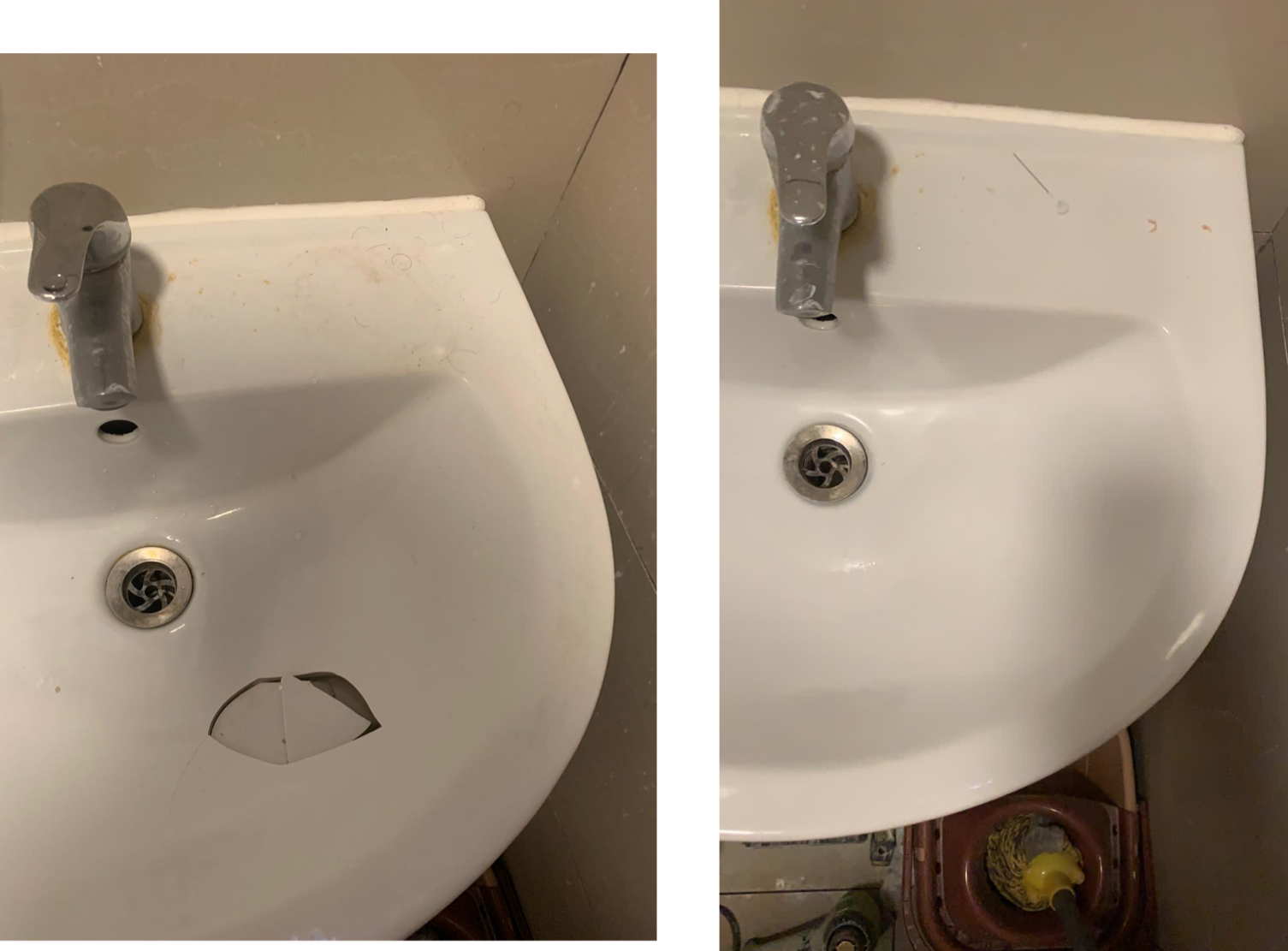 A before and after picture of a bathroom sink with a hole in it.