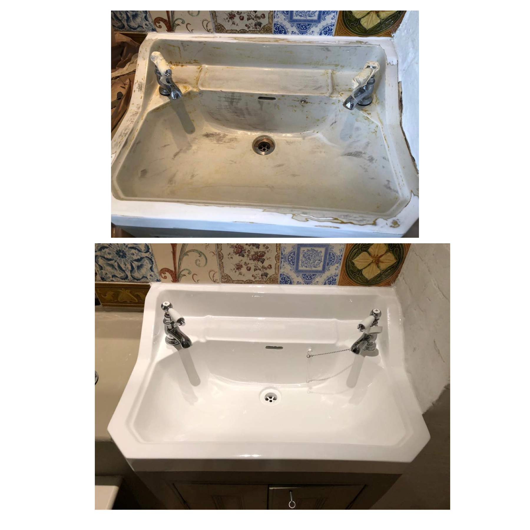 A before and after picture of a bathroom sink.