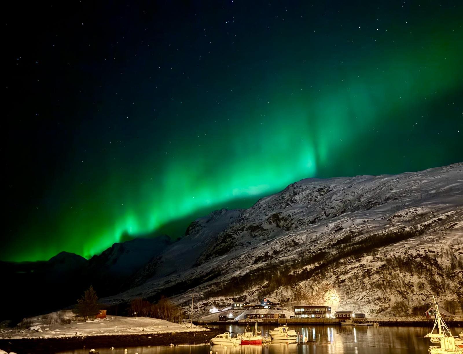 The aurora borealis is shining over a snowy mountain and a body of water.