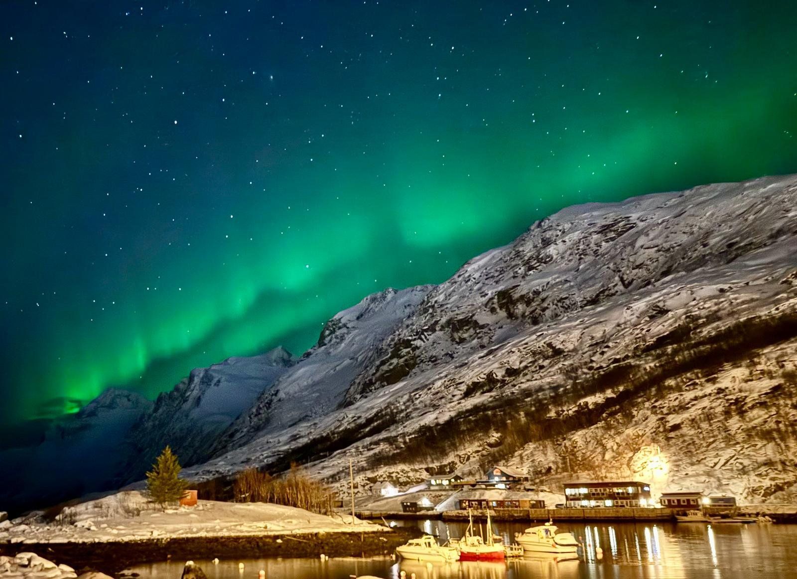 The aurora borealis is shining over a snowy mountain and a body of water.