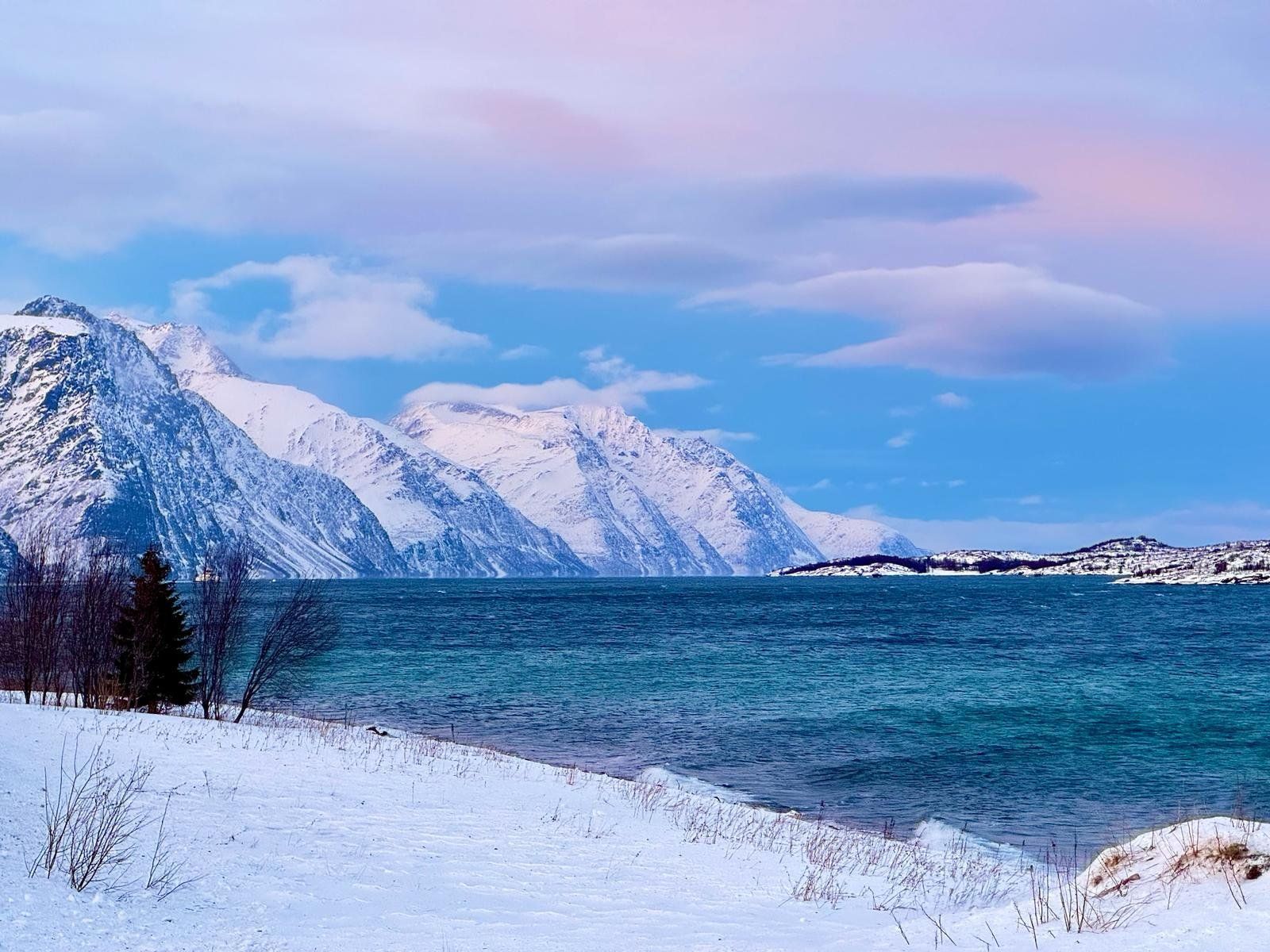 A snowy beach with mountains in the background and a body of water in the foreground.