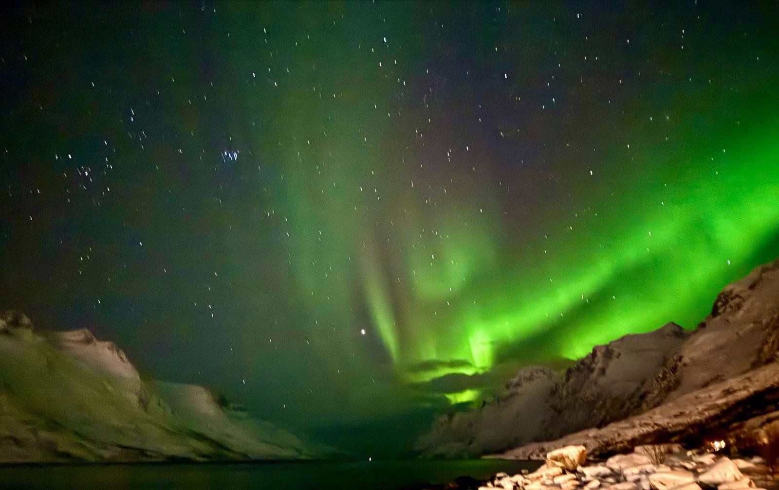 The aurora borealis is dancing in the night sky over a lake.