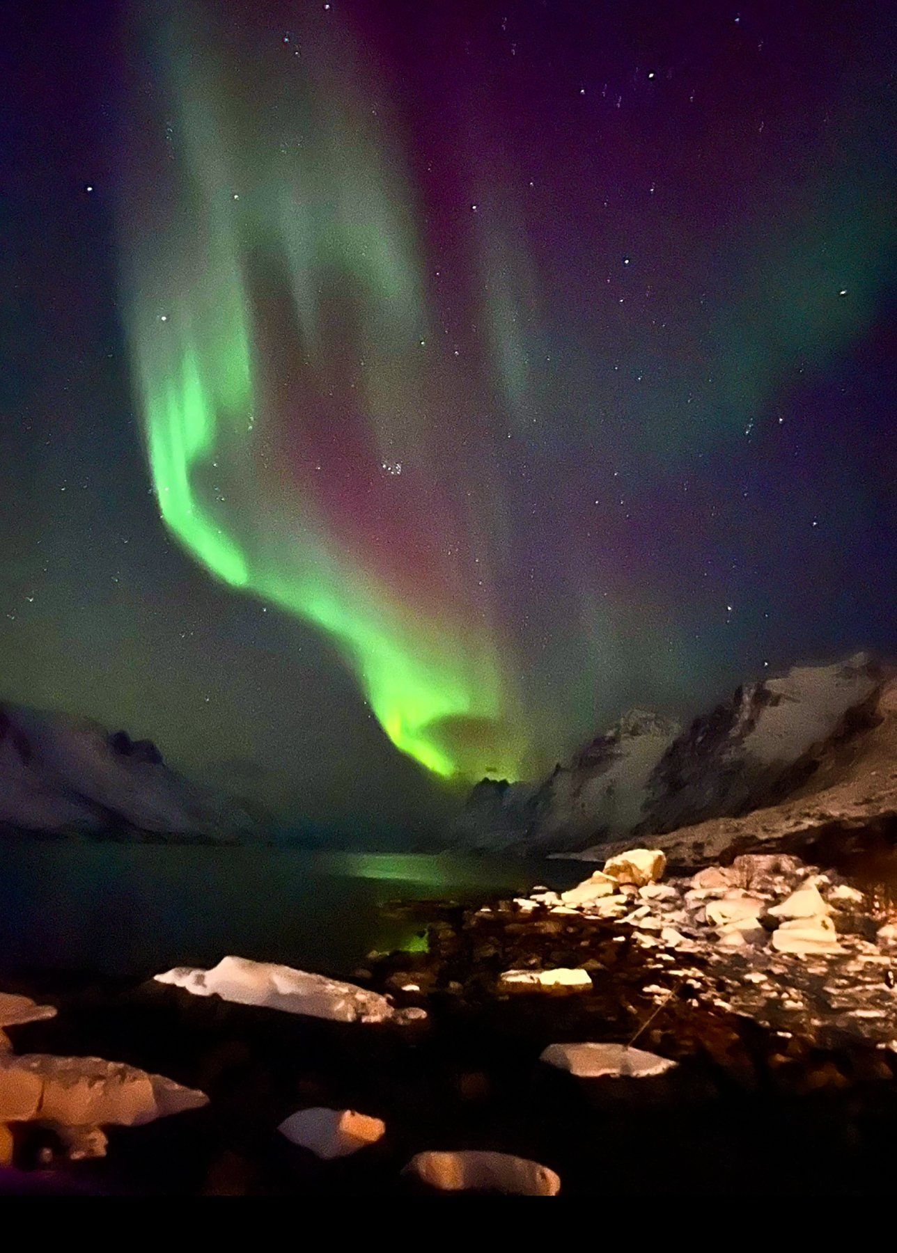 The aurora borealis lights up the night sky over a lake