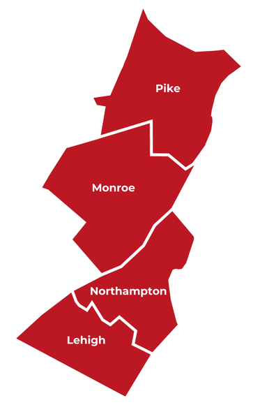 A red map with the words pike monroe northampton and lehigh on it