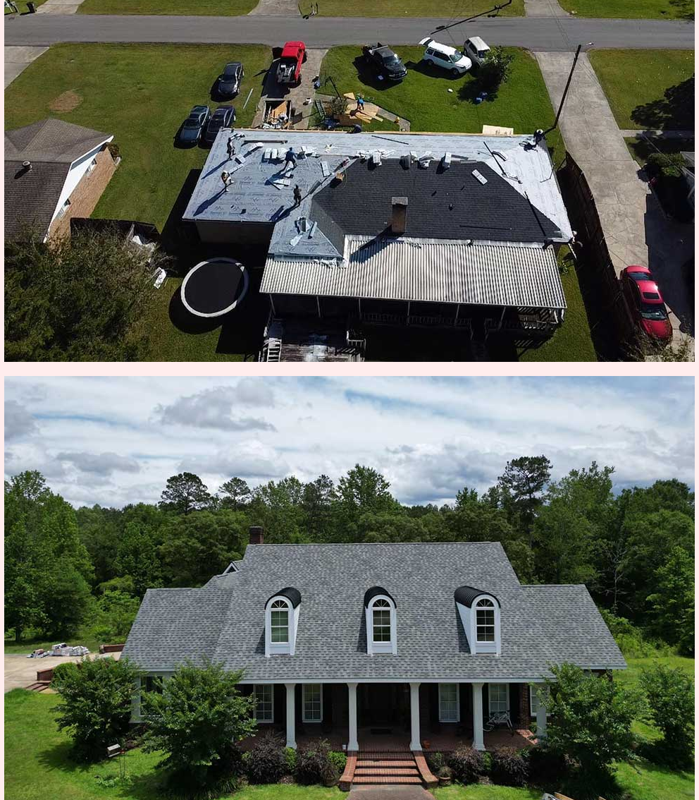 An aerial view of a house with a new roof.