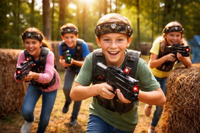 four kids playing laser tag outdoors