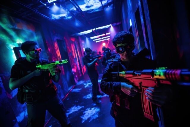 kids and other people playing laser tag