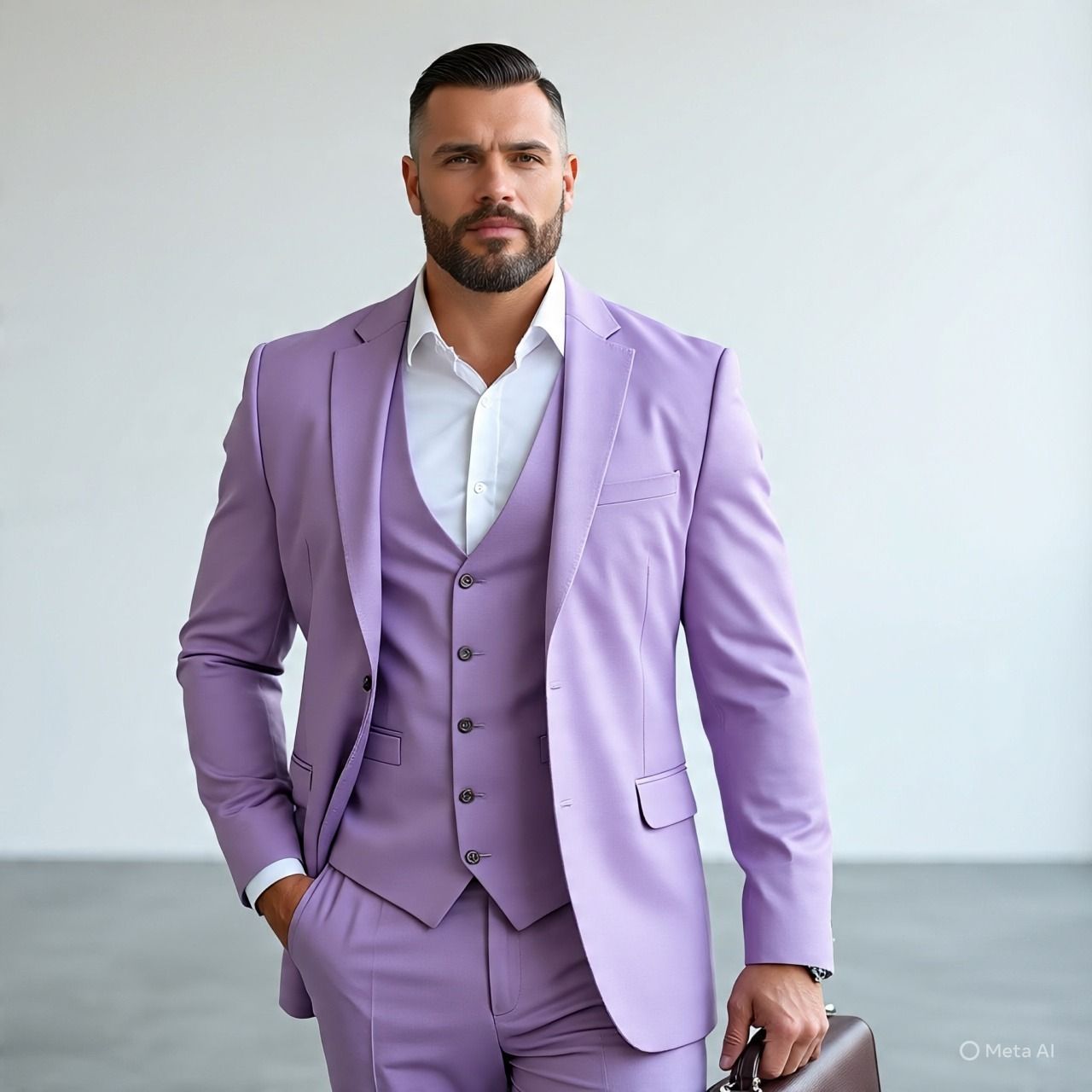Hombre con traje lavanda, camisa blanca y maletín, frente a una pared blanca.