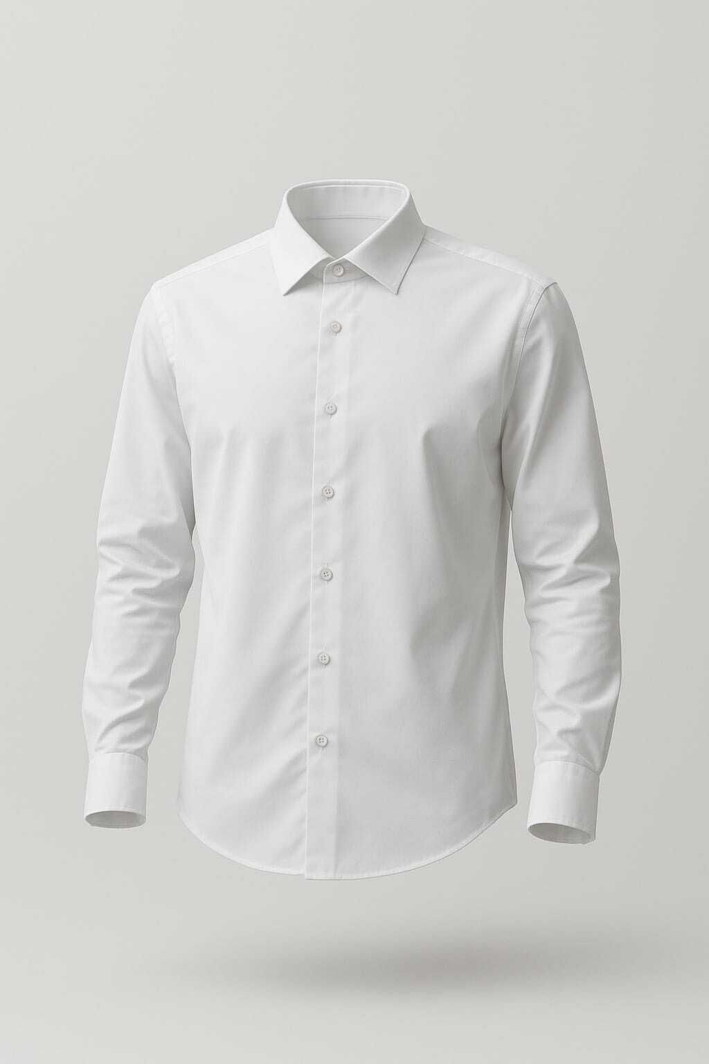 Camisa de vestir blanca, manga larga, abotonada, sobre fondo gris claro.