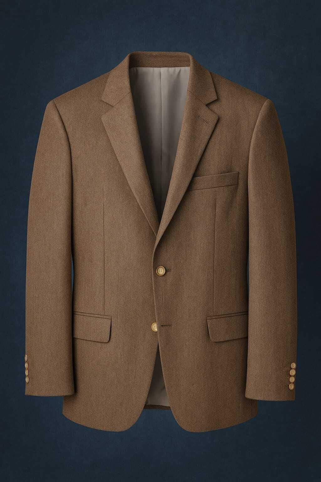 Blazer azul sobre fondo oscuro, de botonadura sencilla y cierre de botones.