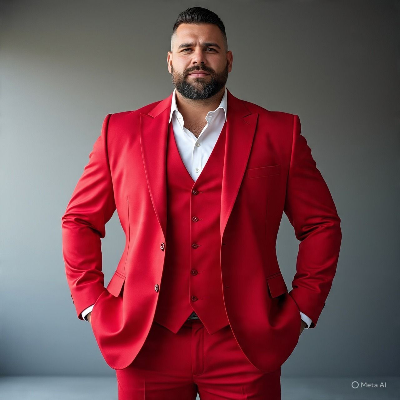 Hombre con traje lavanda, camisa blanca y maletín, frente a una pared blanca.