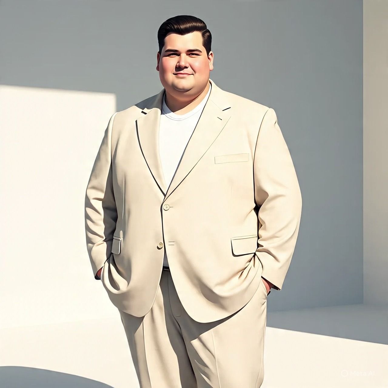 Hombre con traje beige, con las manos en los bolsillos, sonriendo, sobre un fondo blanco.