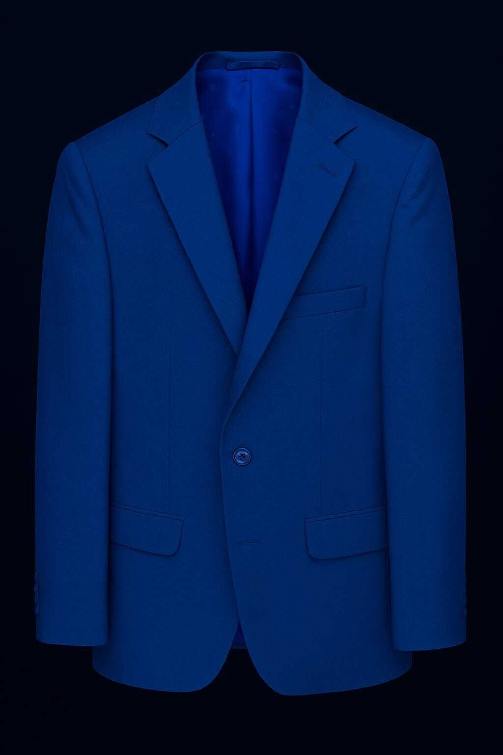 Blazer azul sobre fondo oscuro, de botonadura sencilla y cierre de botones.
