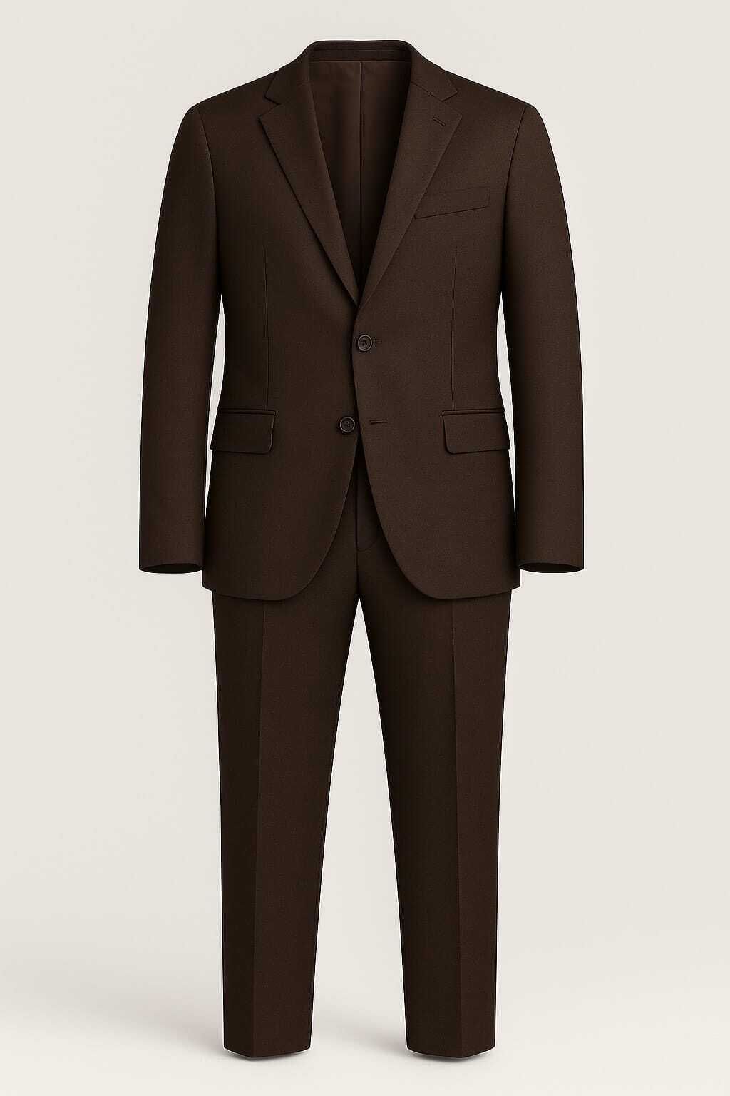 Traje de hombre verde con dos botones dorados. Chaqueta y pantalón a juego sobre fondo blanco.