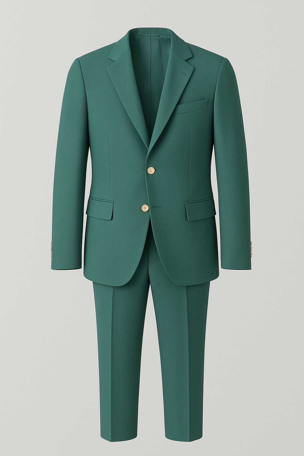 Traje de hombre verde con dos botones dorados. Chaqueta y pantalón a juego sobre fondo blanco.