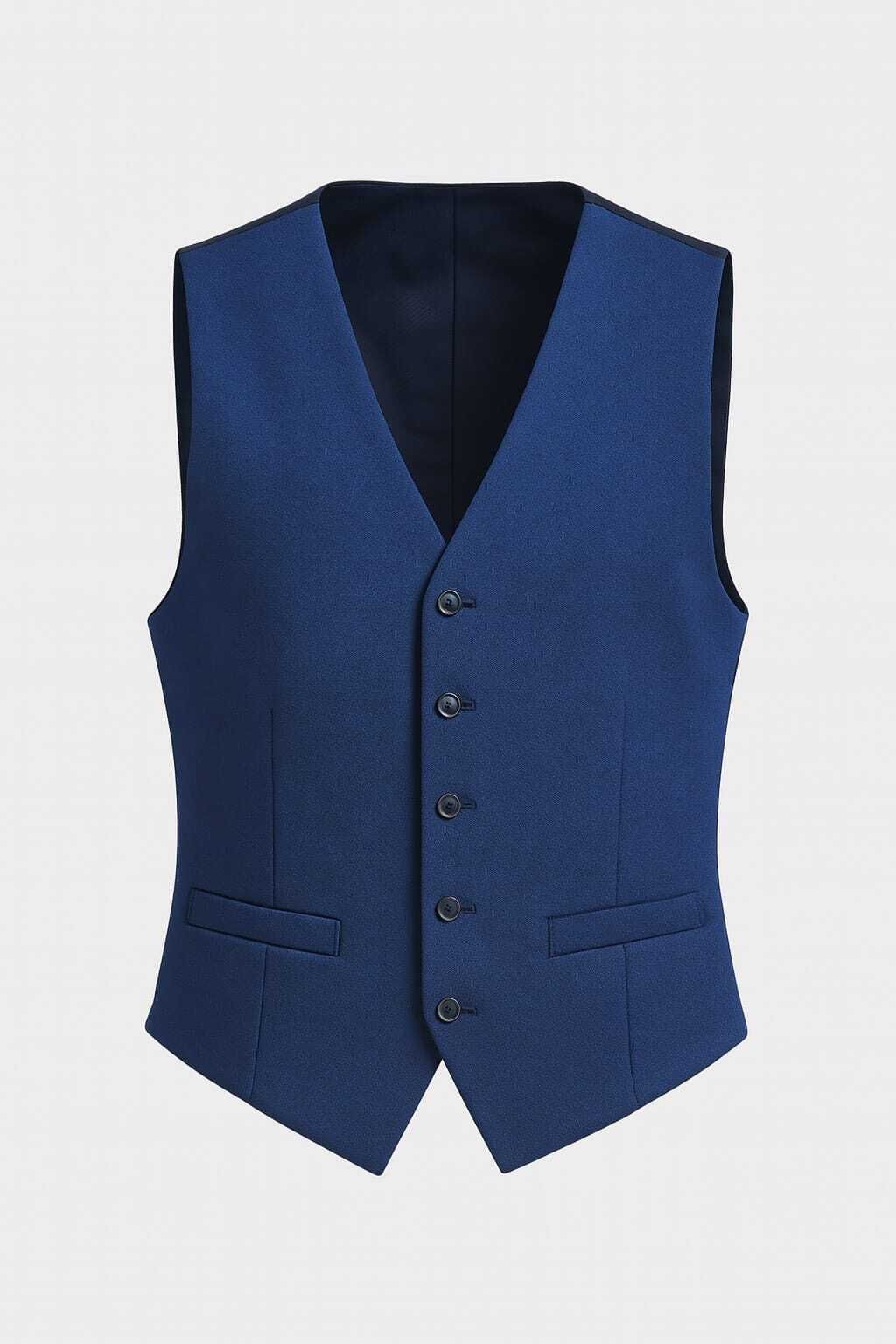 Parte trasera de un chaleco azul marino con hebilla ajustable y detalle decorativo.