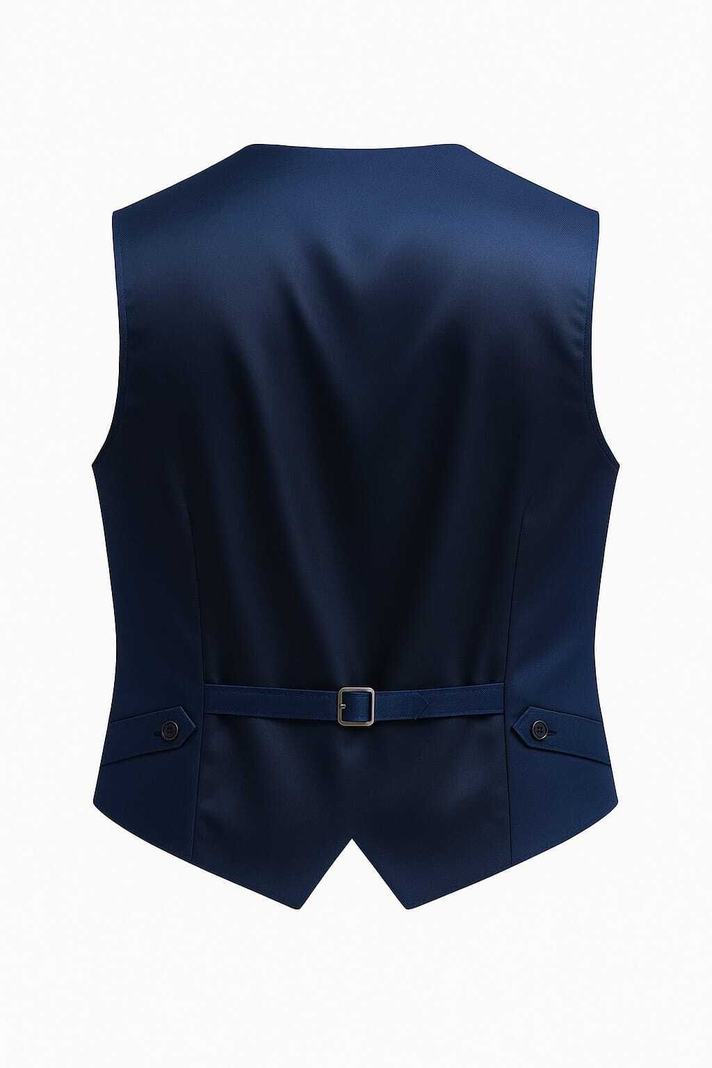 Parte trasera de un chaleco azul marino con hebilla ajustable y detalle decorativo.