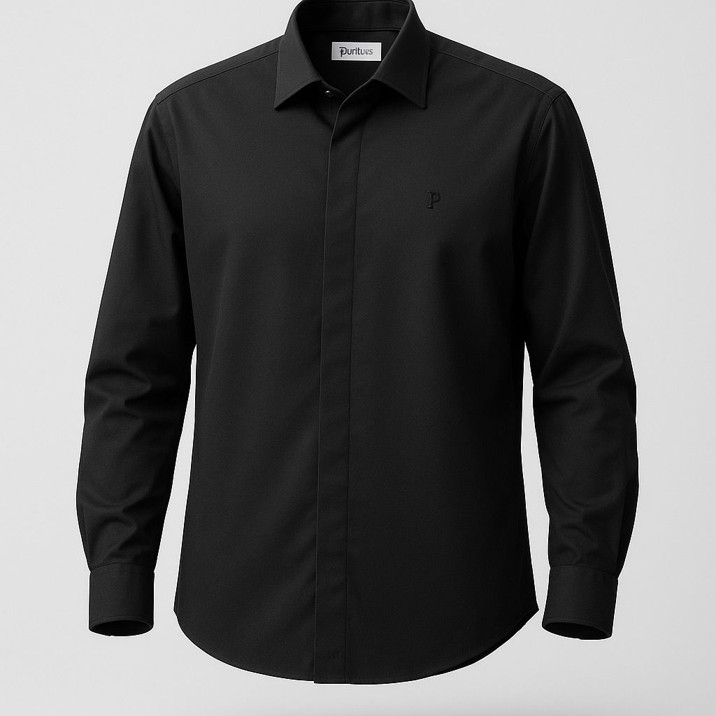 Camisa negra de manga larga con botones y un pequeño logo en el pecho.