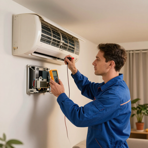 Técnico probando un aire acondicionado de pared con un multímetro junto a un panel eléctrico abierto.