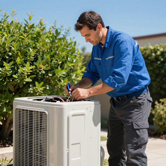 Técnico reparando una unidad de aire acondicionado exterior junto a una casa en un día soleado.
