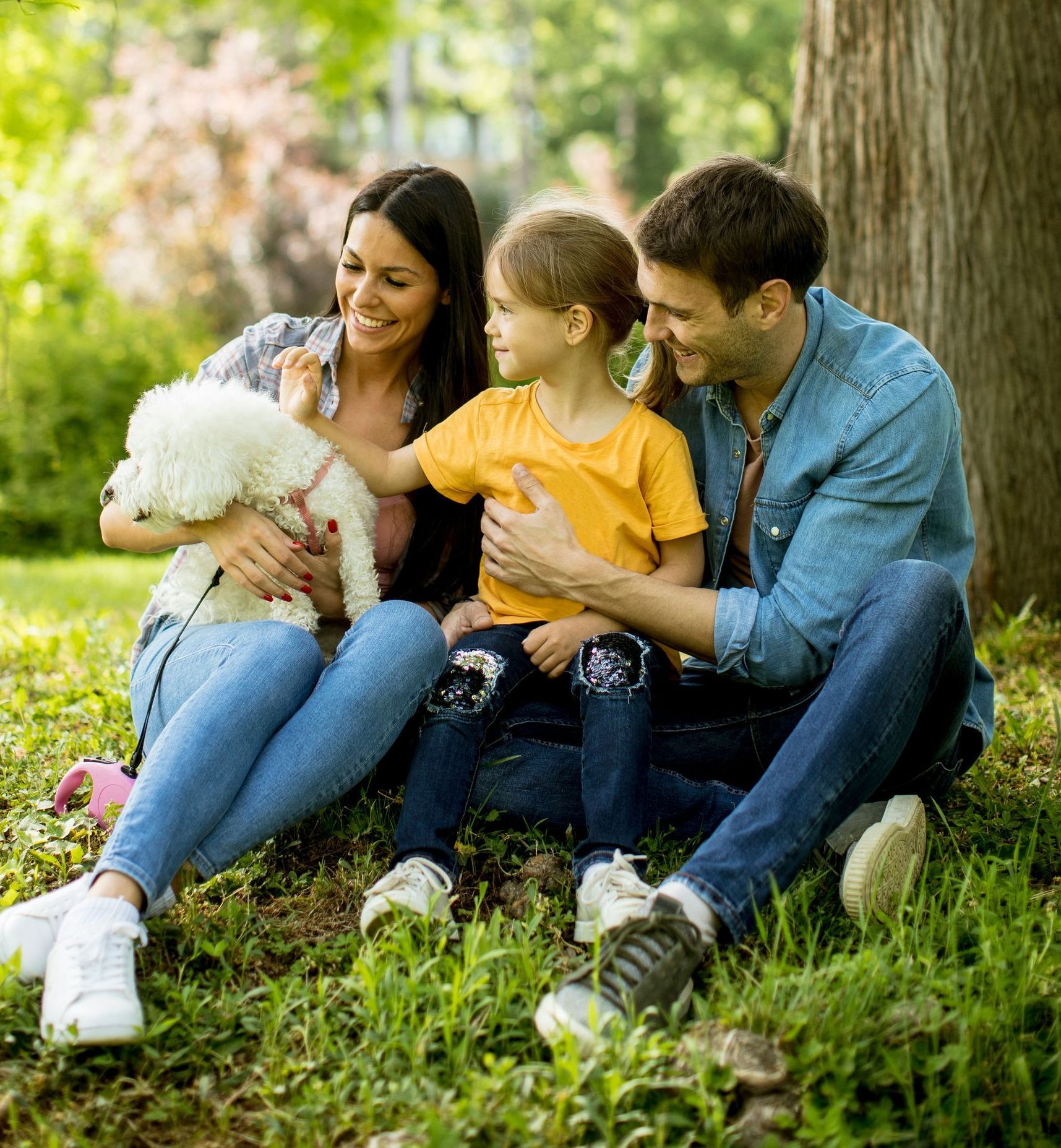 A family is sitting under a tree with a dog.