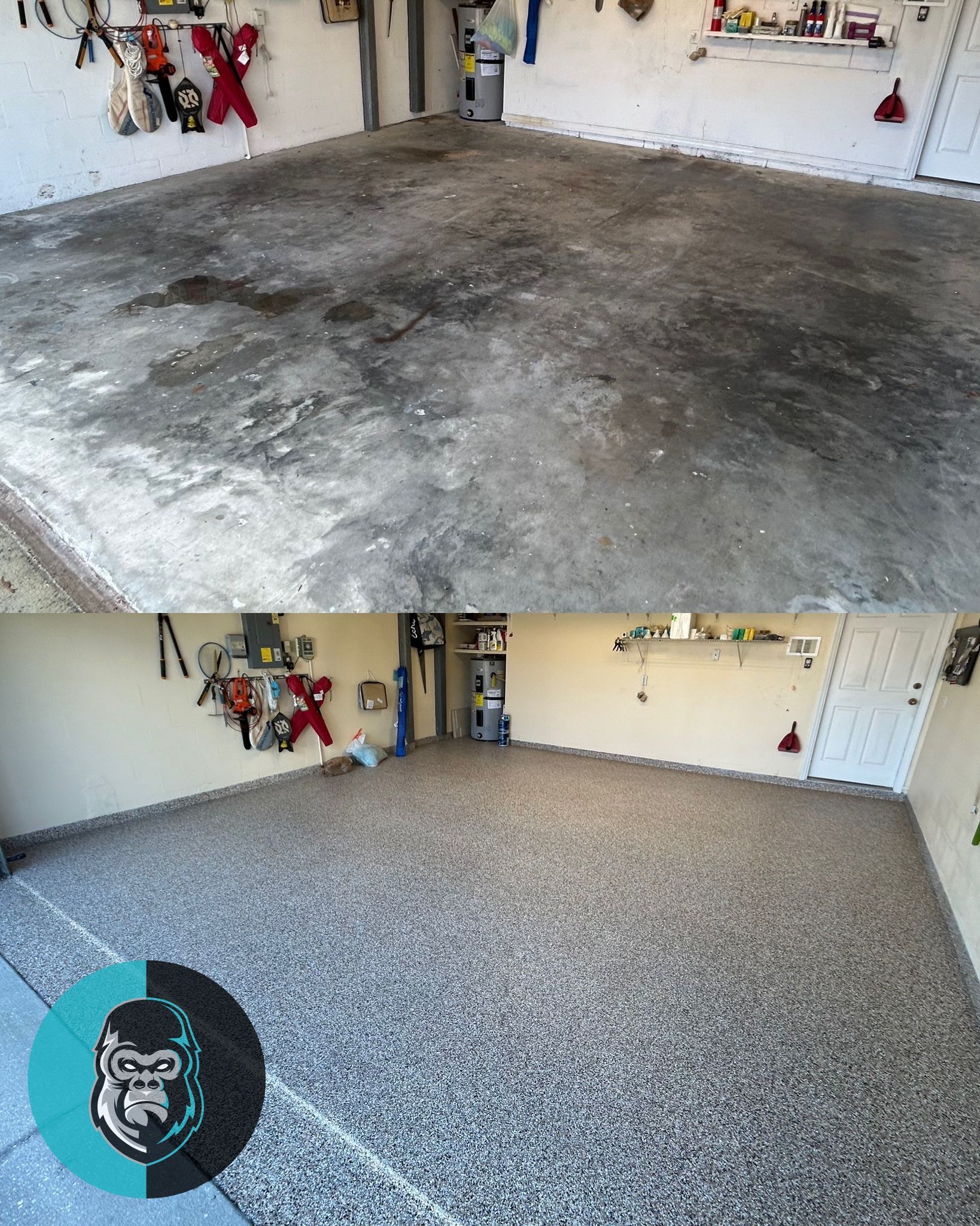 A before and after photo of a garage floor.
