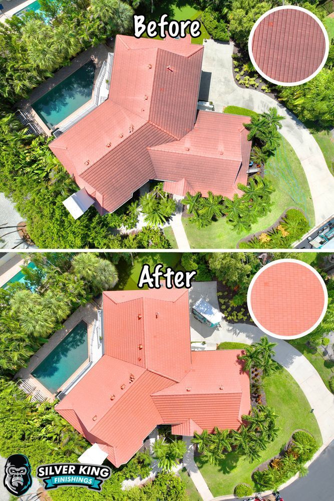 An aerial view of a house before and after roof cleaning.