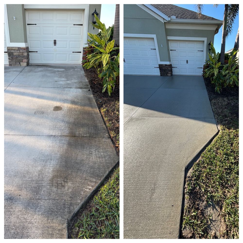 A before and after photo of a concrete driveway in front of a house.