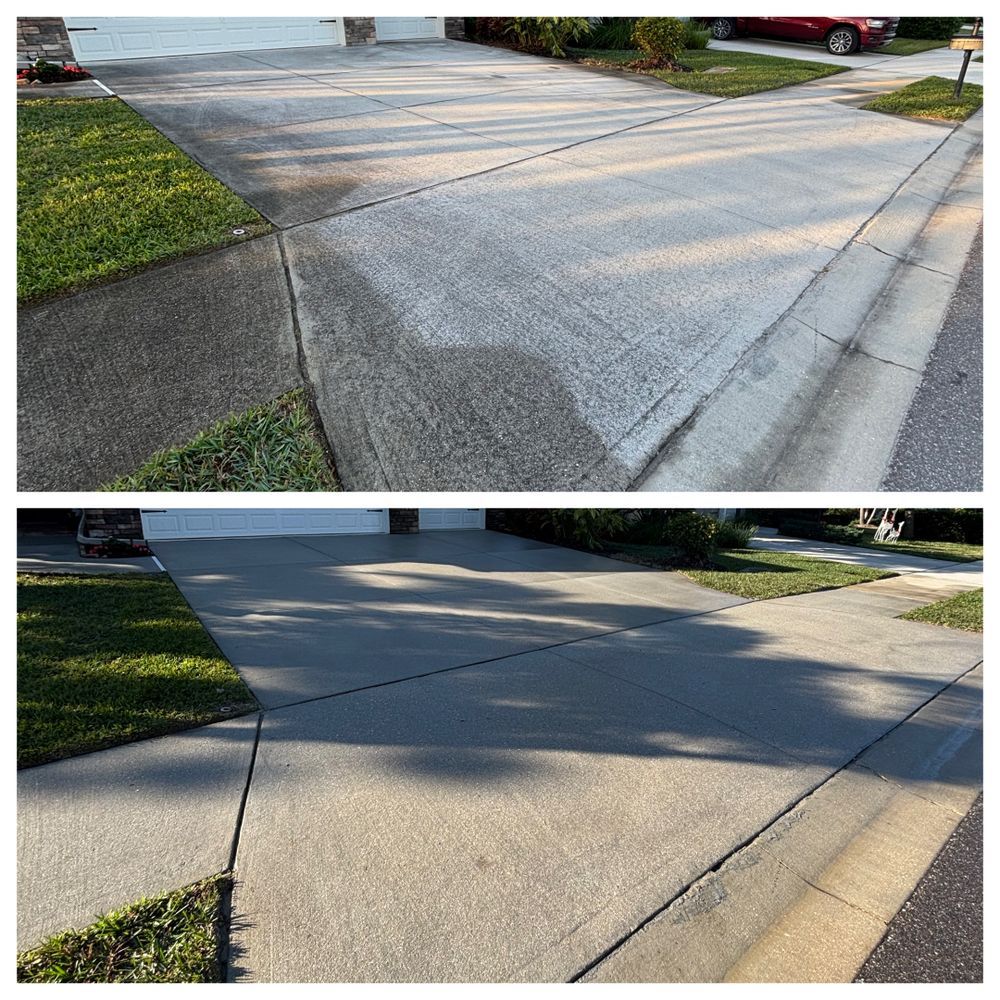A before and after photo of a concrete driveway.