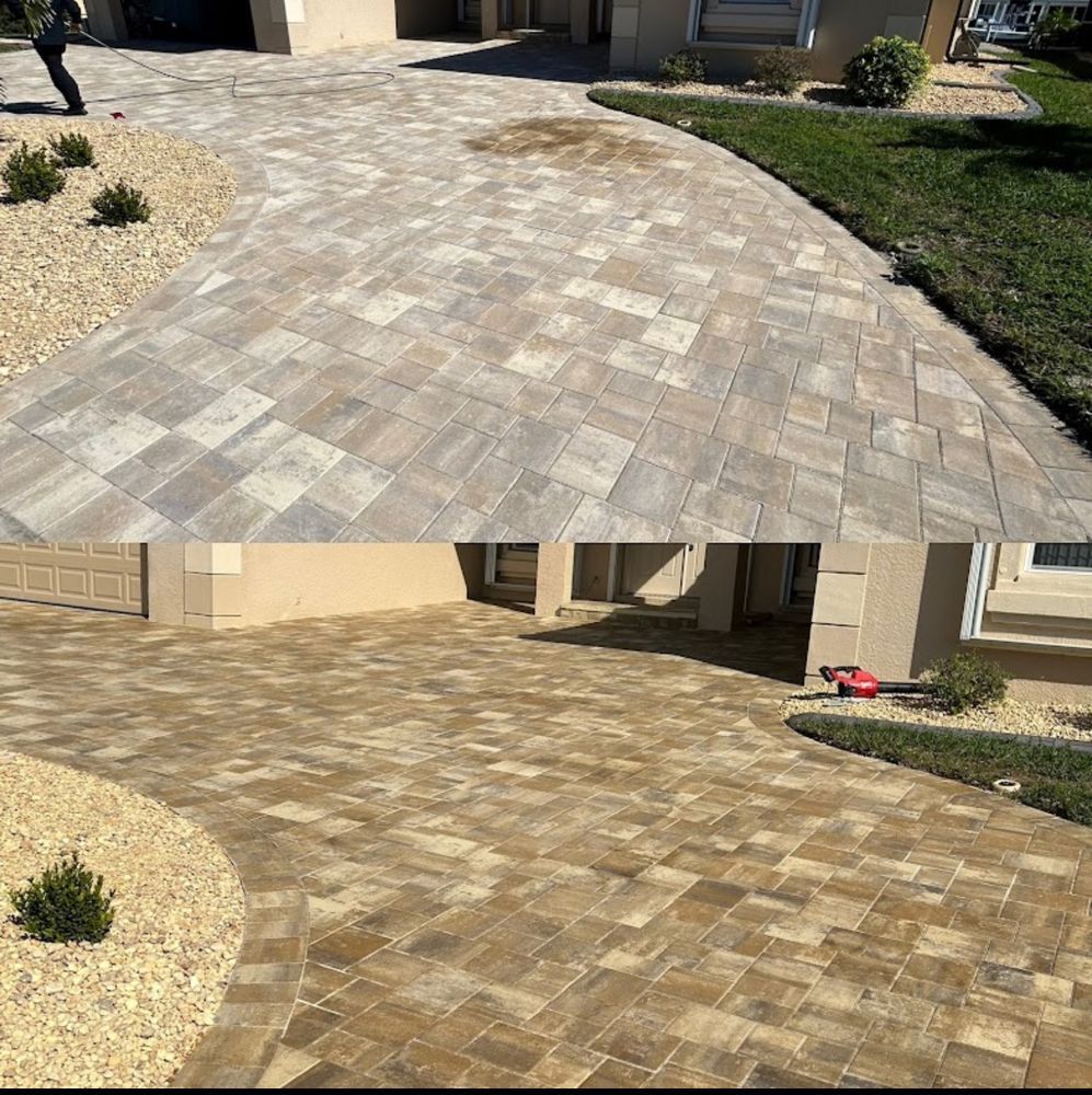 A before and after photo of a brick driveway