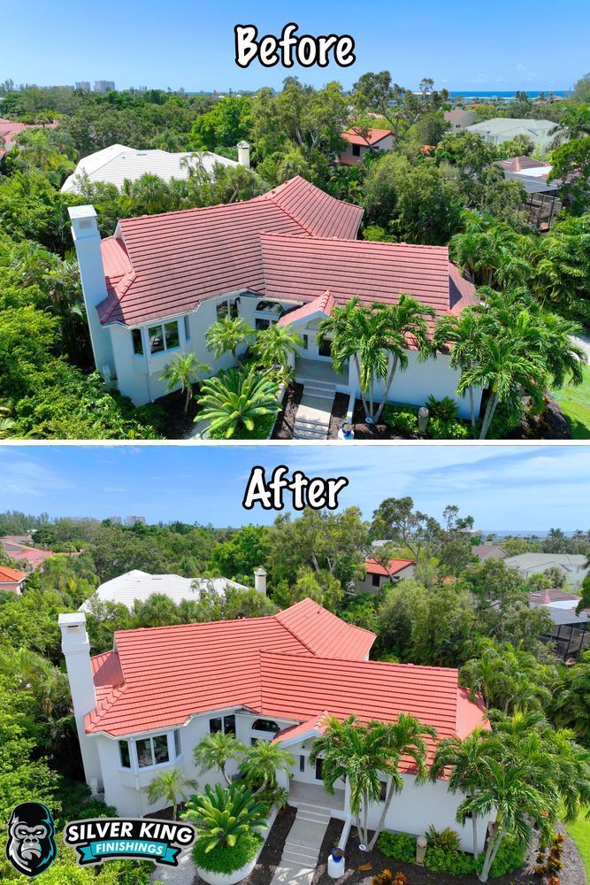 A before and after picture of a house with a red tile roof.