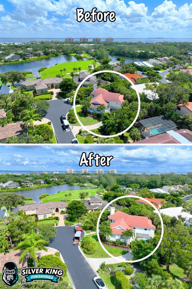 A before and after aerial view of a house in a residential area.