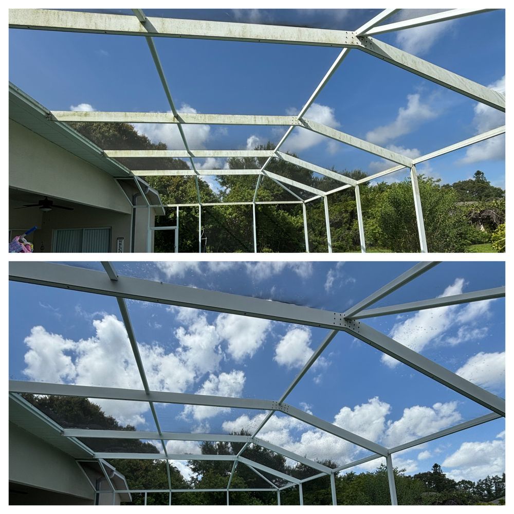 A before and after picture of a screened in porch with a blue sky in the background.