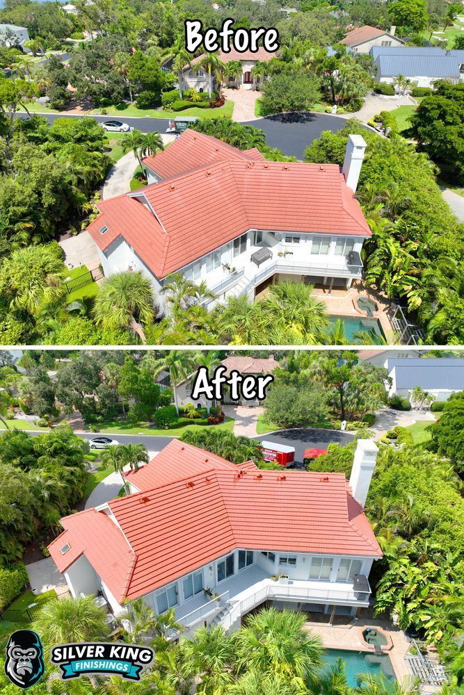 A before and after picture of a house with a red tile roof.