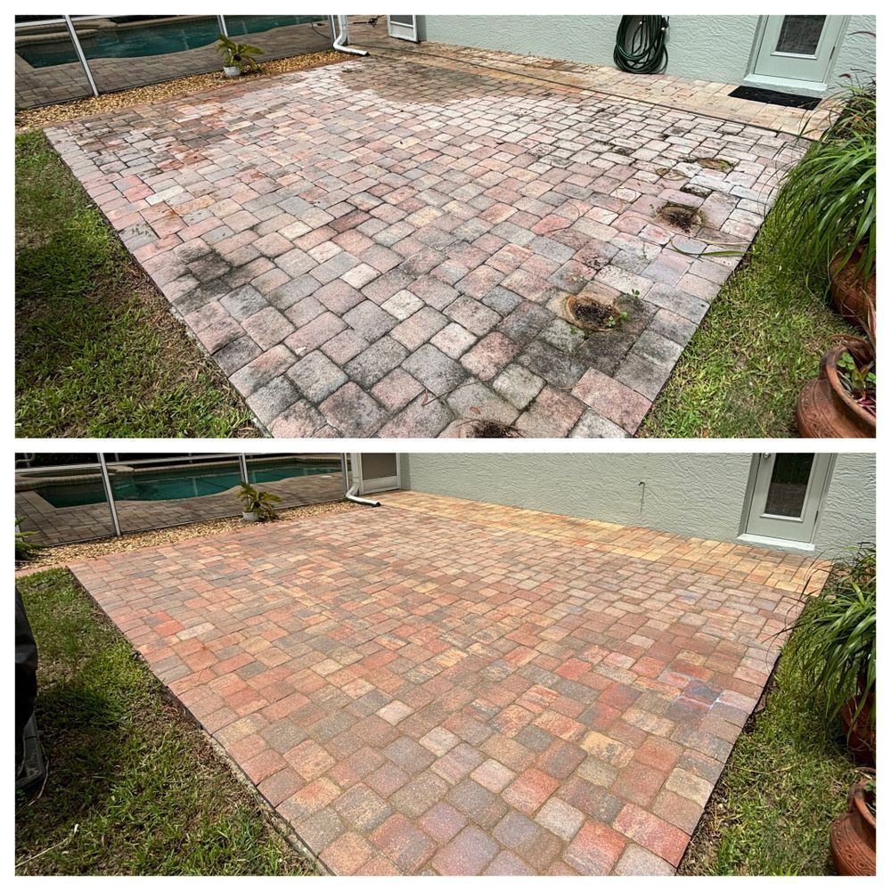 A before and after photo of a brick patio being cleaned.