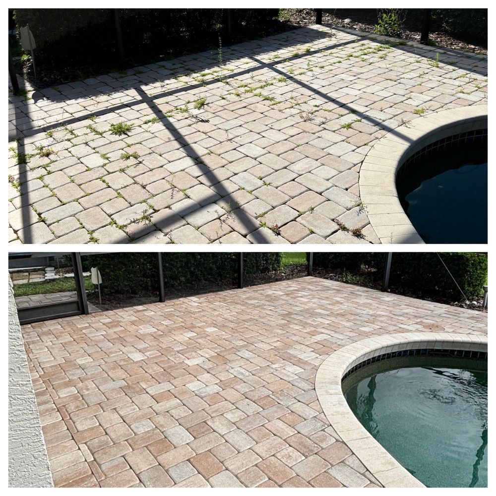 A before and after photo of a patio next to a pool.