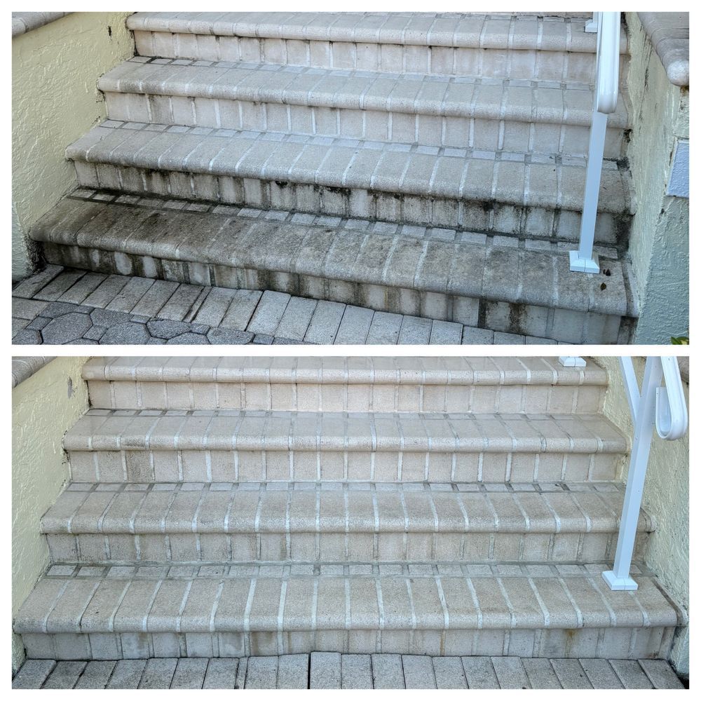 A before and after photo of a set of stairs