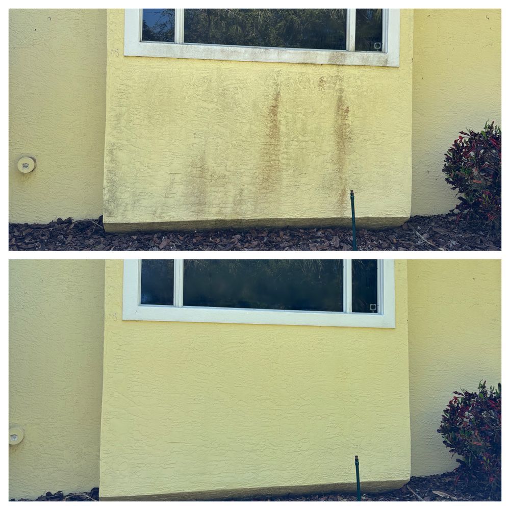 A before and after picture of a yellow house with a window.